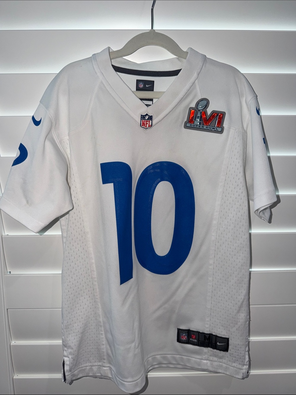 Youth Nike White Jersey with Blue #10 KUPP and Super Bowl LVI Patch-M